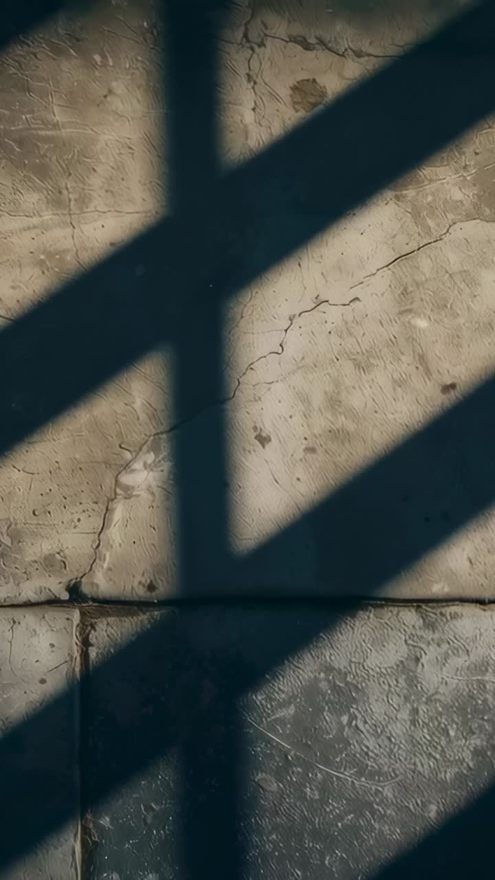 Vertical video: Shifting sun moving railing shadows across stone slabs, revealing cracks