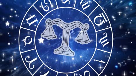 Animation-of-libra-star-sign-symbol-in-spinning-horoscope-wheel-over-glowing-stars