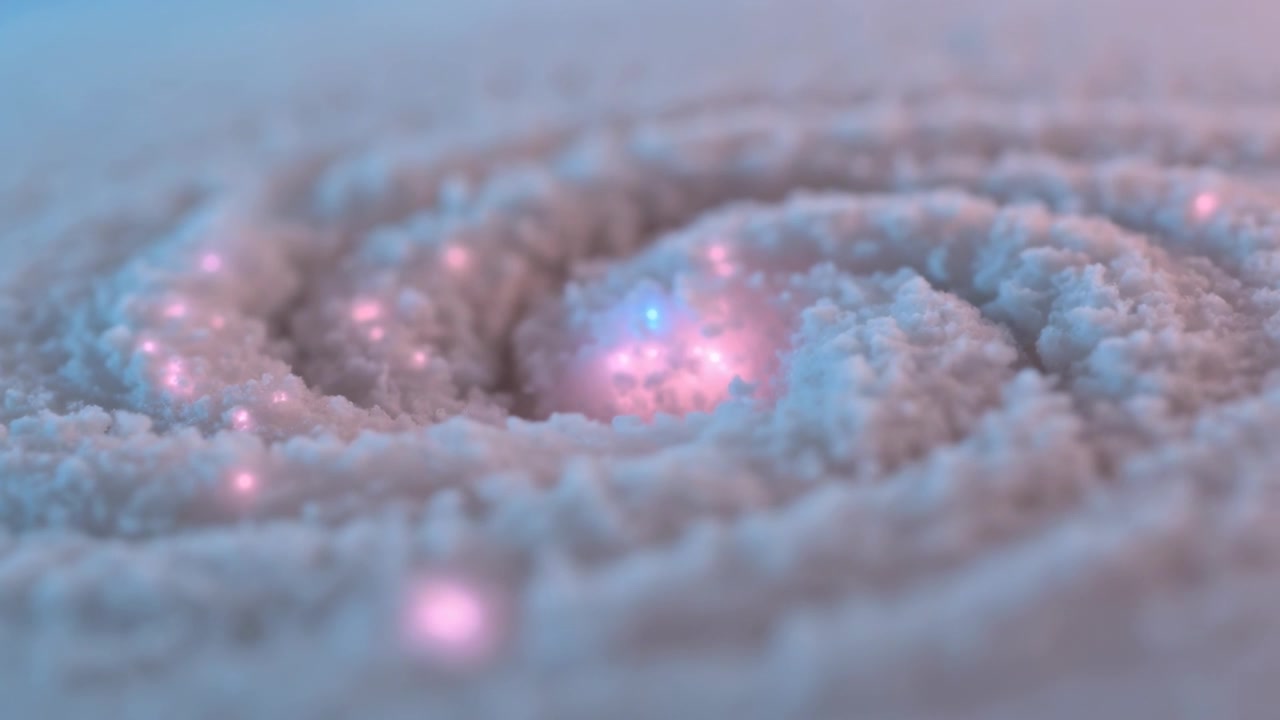 Shifting camera showing granular spiral brightening toward core in studio macro pink blue sparkles
