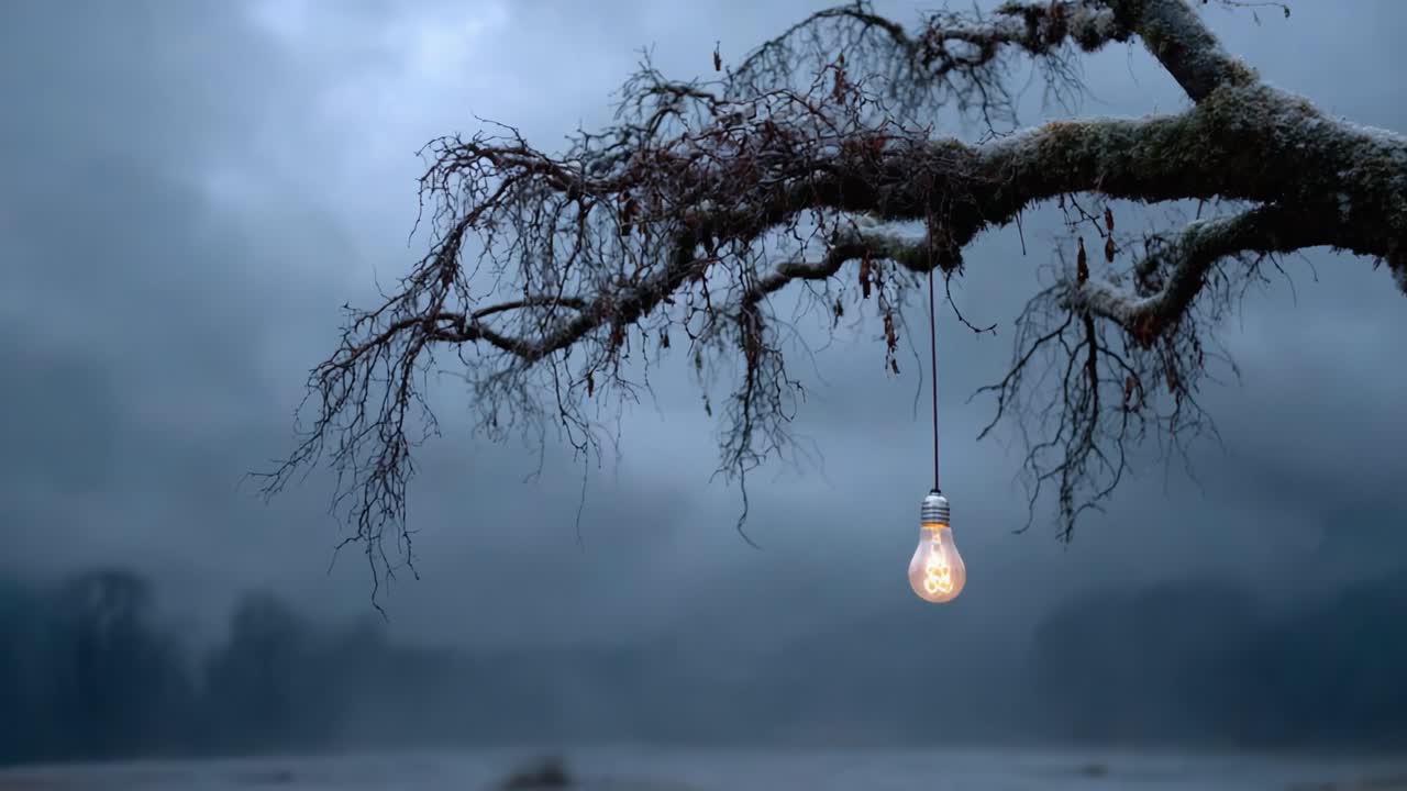 A lone glowing light bulb hangs from a frost-covered tree branch, illuminating the misty, moody landscape under a dark sky, creating a sense of mystery and solitude