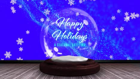 Animation of christmas season&#039;s greetings text in snow globe and shooting star on blue background