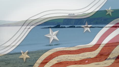 Waving-American-flag-animation-over-serene-beach-and-coastal-landscape