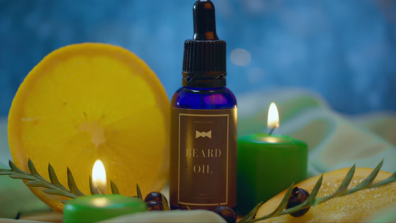 Product, beard oil and bottle with candle