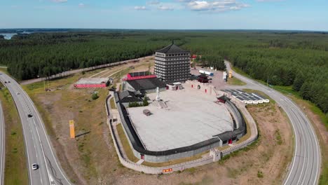 drone fly over dragon gate in sweden, chinese business cultural center near the european route highway