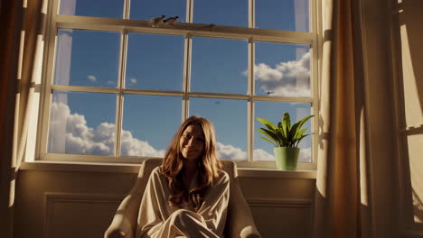 una mujer relajándose junto a la ventana.