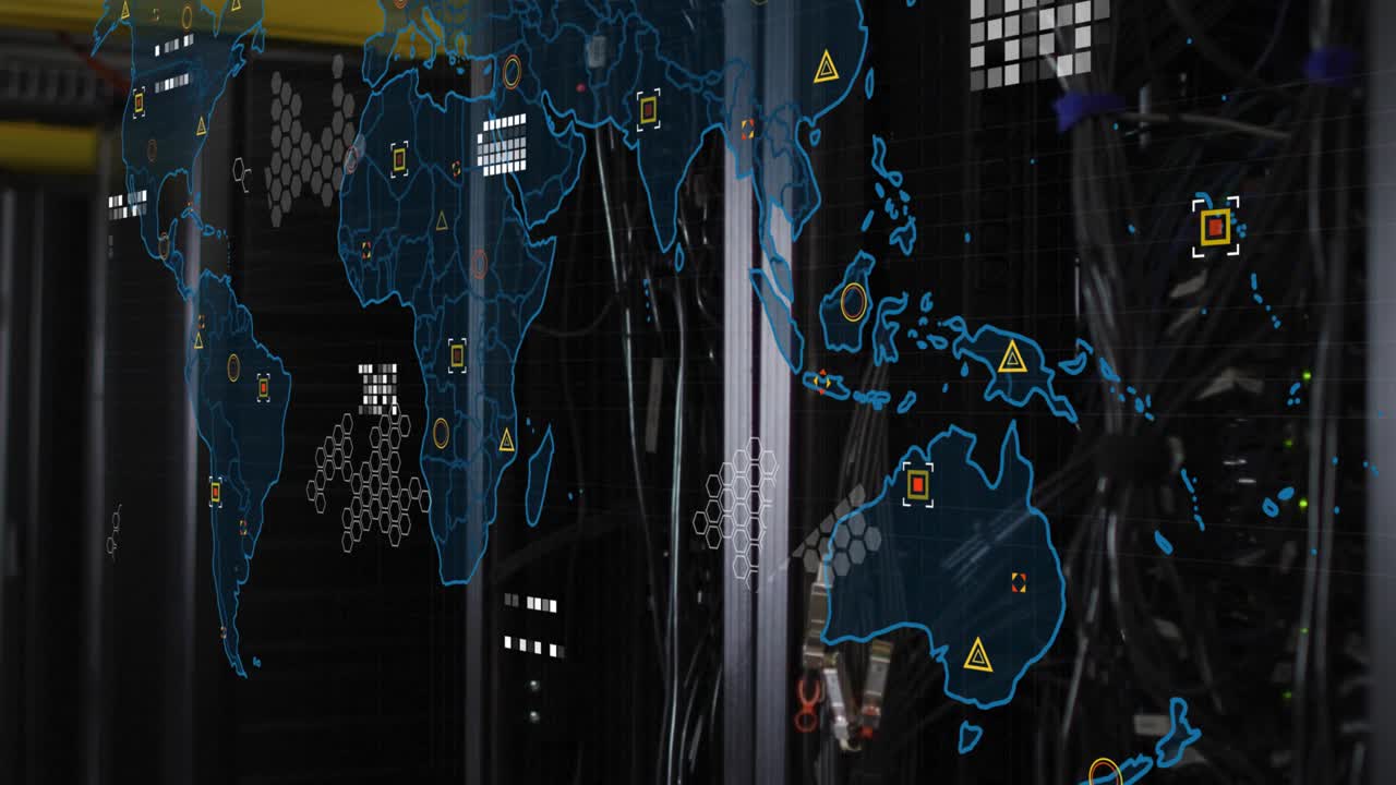 Starting world map overlay materializing on racks, icons and lines expanding for network monitoring
