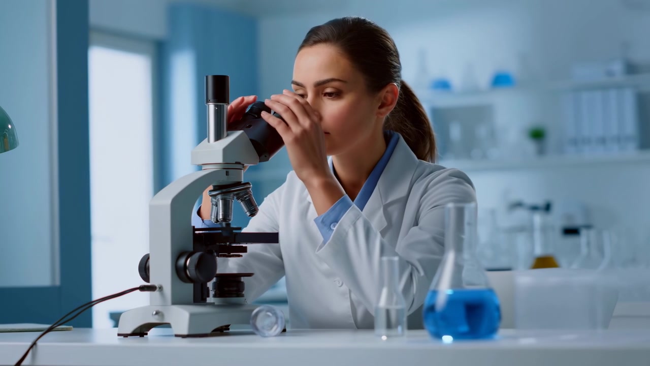Focused woman moves from positioning microscope stage to viewing through eyepieces at bright laboratory workstation, with clear flasks, white surfaces, and soft blue background.