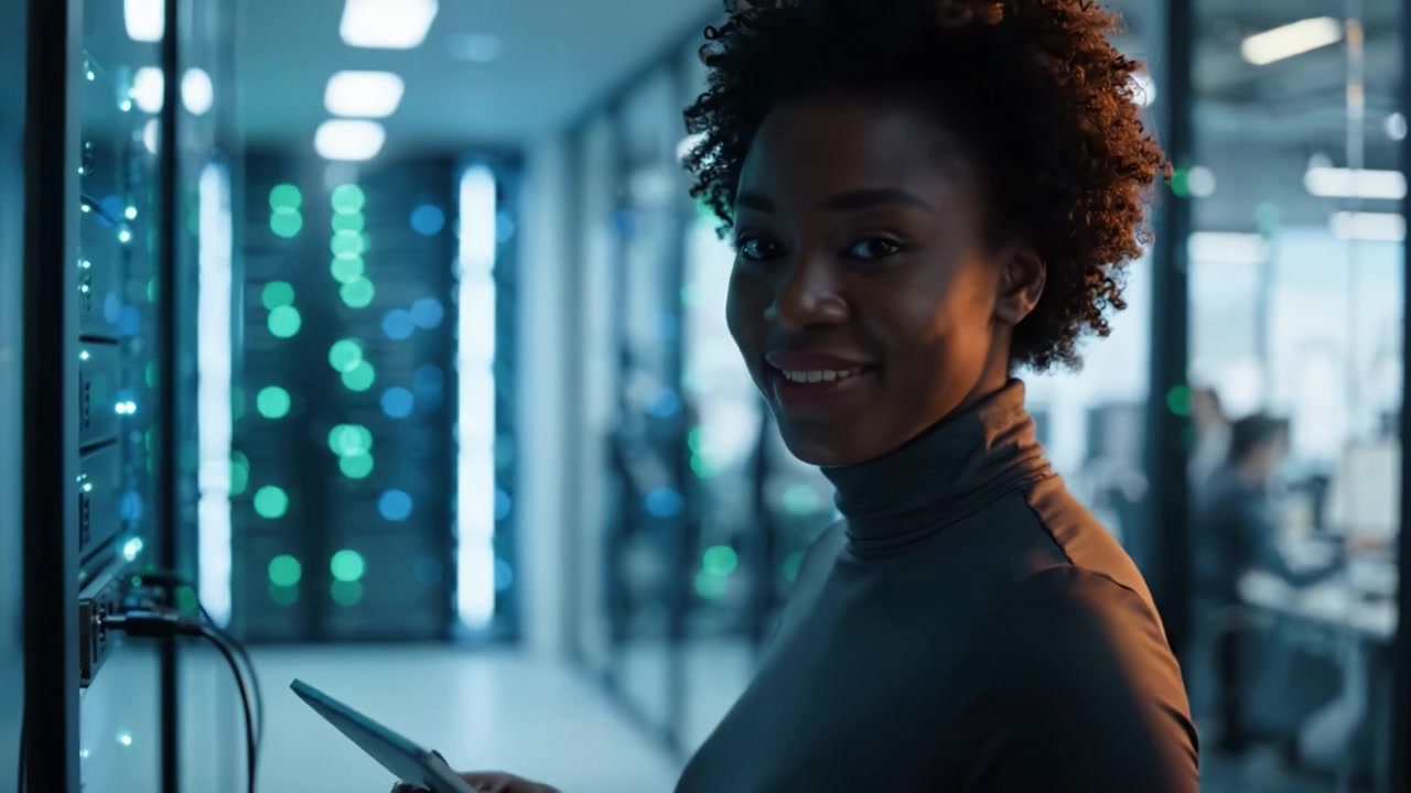 Woman Evaluates USB Flash Drive While Working in a Modern Server Room Surrounded by High-Tech Equipment and Digital Data Connections, Highlighting Technical Expertise