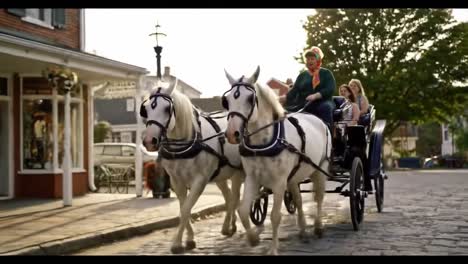a delightful horse-drawn carriage ride through a charming village, highlighting the joy and experience of scenic transportation by horses in a picturesque setting