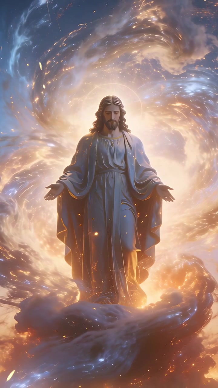 Video verticale: Telecamera che si allontana rivelando Cristo in piedi su una nuvola, con aureola, veste e scintille.