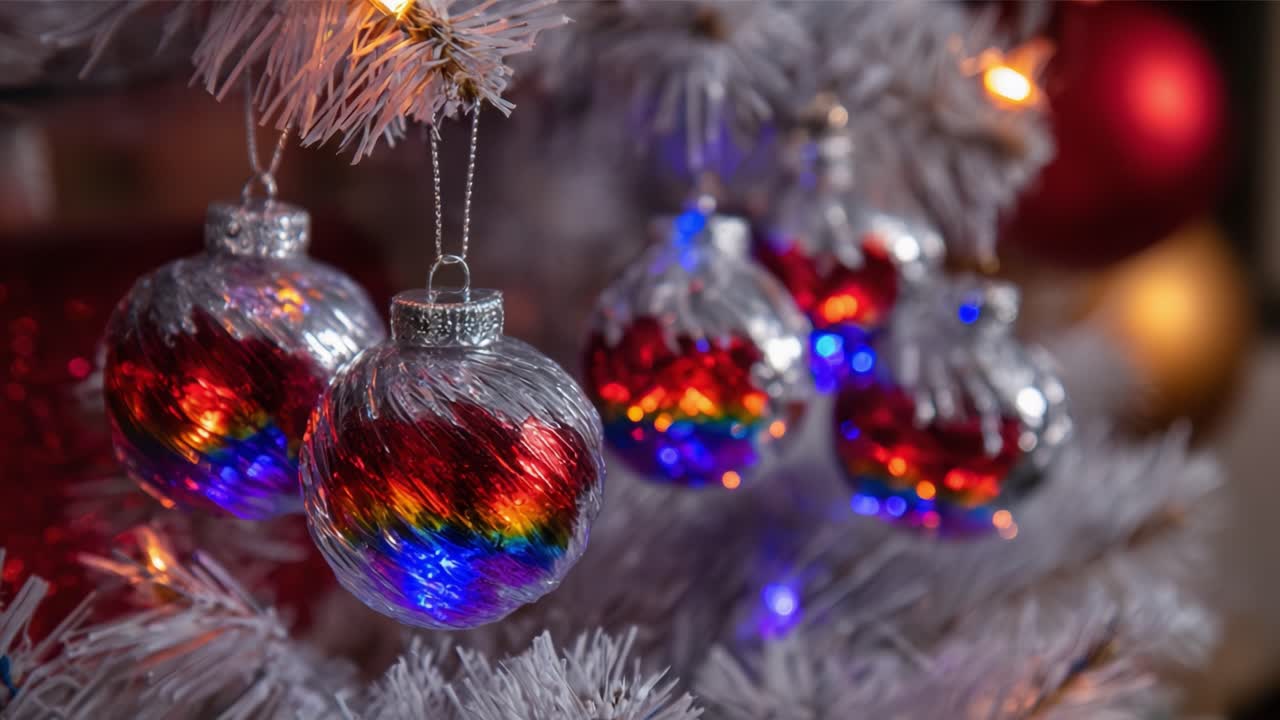 A Festive Display of Colorful Christmas Ornaments on a Brightly Decorated White Tree, Sparkling with Multicolored Lights and Holiday Cheer