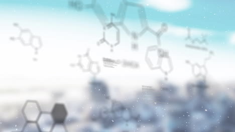 chemical formulas and molecular structures animation over blurred cityscape background