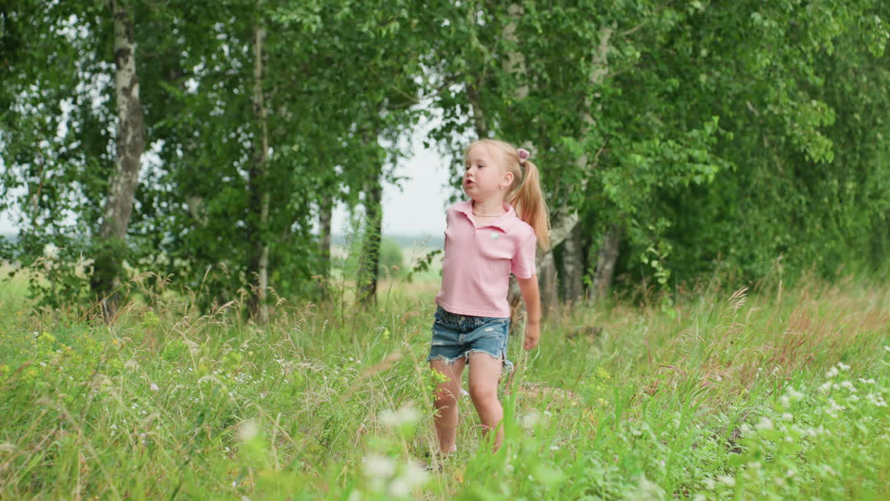 niña caucásica jugando en un prado, recogiendo flores silvestres y bailando entre la hierba alta, riendo bajo los abedules, corriendo hacia su padre con una camisa azul, tarde soleada de verano con una brisa suave