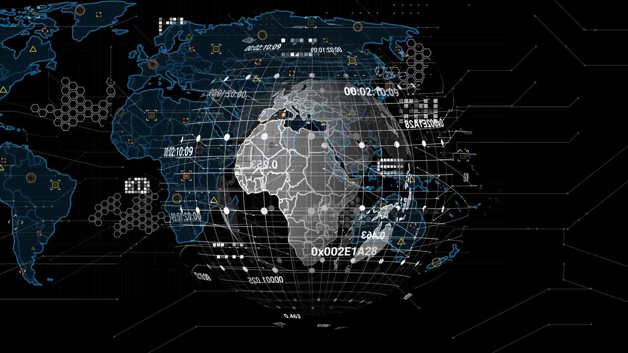 Animation of data processing with world map and globe on black background