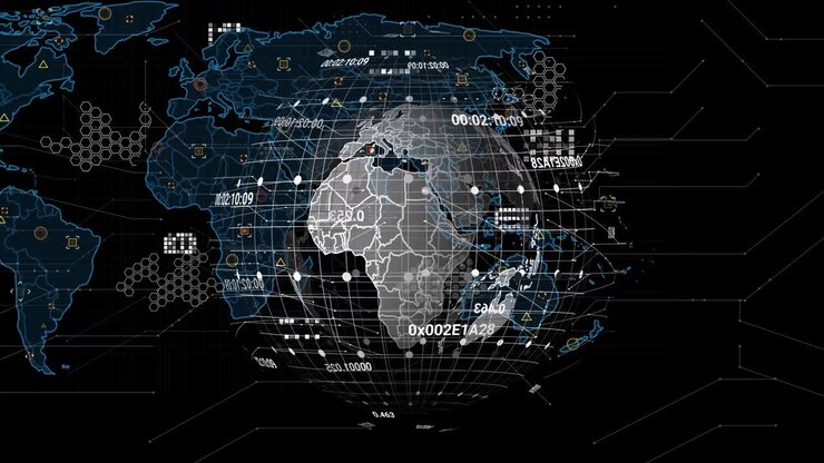 Animation of data processing with world map and globe on black background