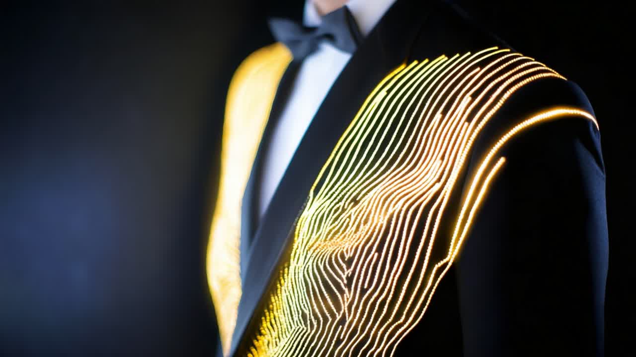 Illuminated Tuxedo: A Stunning Display of Light and Elegance Featuring a Stylish Black Suit Adorned with Eye-Catching Neon Patterns, Perfect for Modern Fashion Enthusiasts