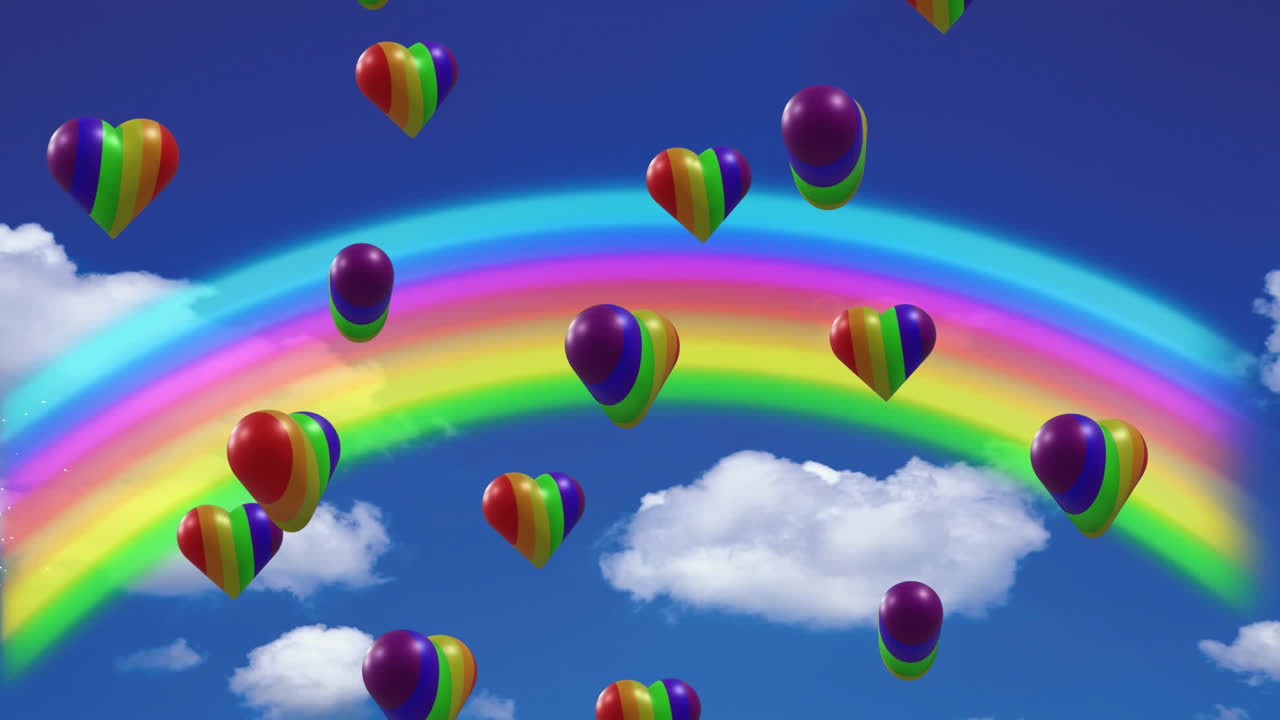 animación de corazones de arco iris sobre el arco iris y el cielo con nubes.