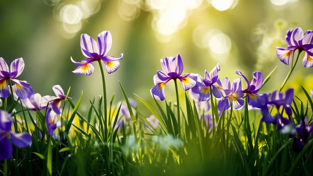 Low-angle video frame of vibrant purple flowers in a sunlit meadow, with a soft bokeh background