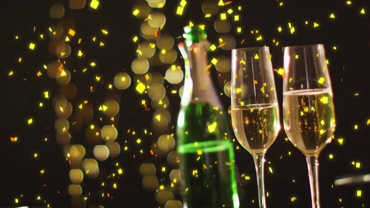 Animazione di coriandoli che cadono su bicchieri e bottiglia di champagne su sfondo nero