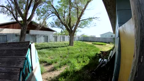slow motion - long grass blow in a strong wind during a storm in the backyard of a home.