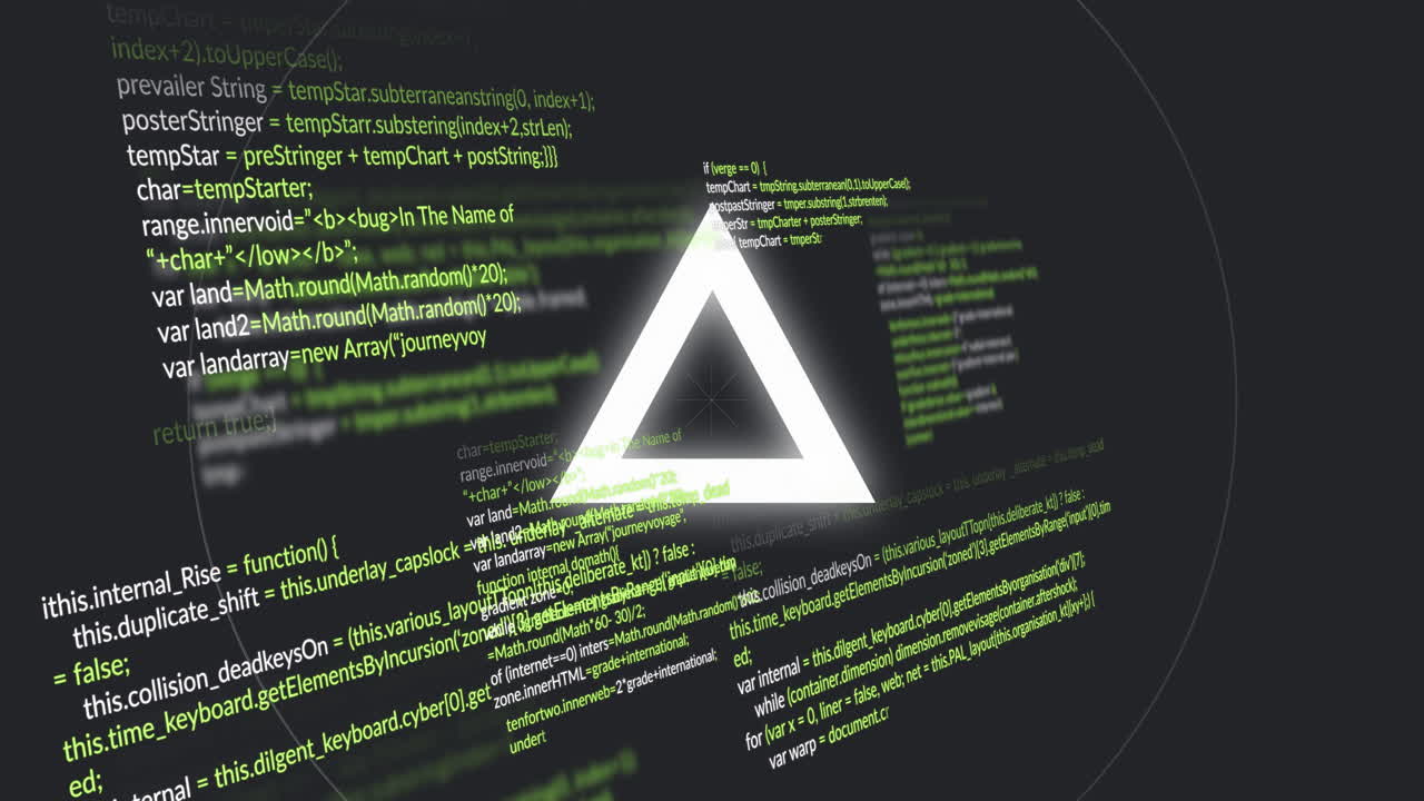 Animation of glowing triangle with green programming code in dark school setting