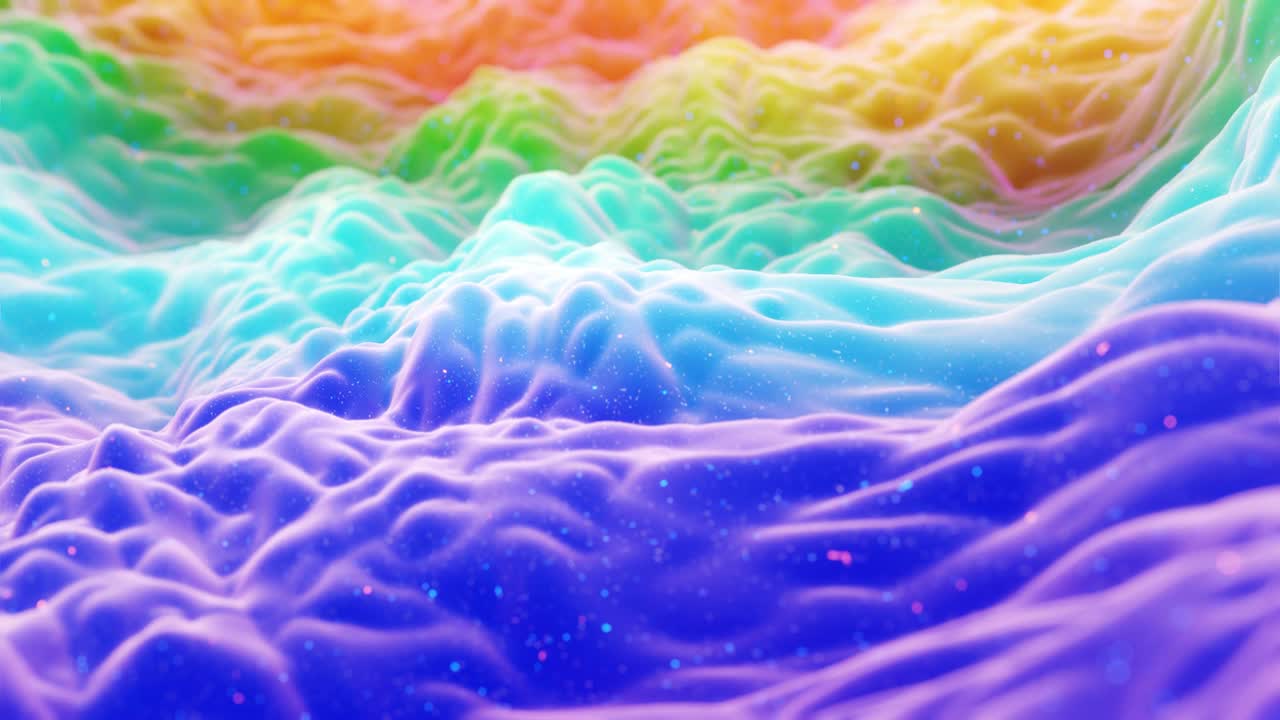 hermosa superficie abstracta 3d con extrusión o desplazamiento de ondas se transforman en bucle. gradiente arco iris. material mate suave como dulzura o mermelada con ligero brillo interno, brilla en la superficie de morphing.