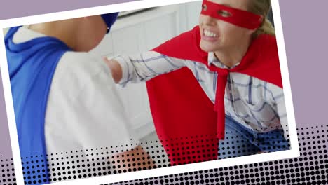 madre superhéroe atando los cordones de los zapatos de sus hijos