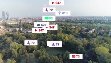 animation of social media icons and numbers on white banners over cityscape