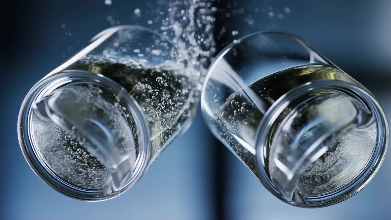 Due bicchieri da bibita trasparenti si inclinano verso l'interno con liquido frizzante all'interno mentre densi flussi di minuscole bollicine salgono tra di essi e lungo le pareti interne, creando un movimento di bevanda fresco, elegante e moderno con