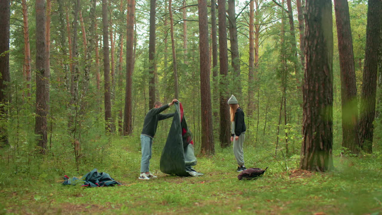 young man prepares tent in tranquil forest as female friend stands beside observing, surrounded by tall pine trees, forest floor covered in greenery and scattered gear during camping setup moment