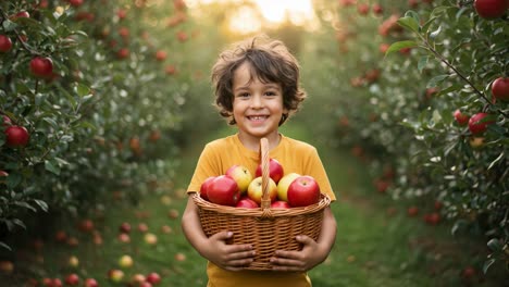 a joyful child in a vibrant orchard, proudly holding a basket overflowing with freshly picked apples, embodying the essence of harvest and the joy of nature