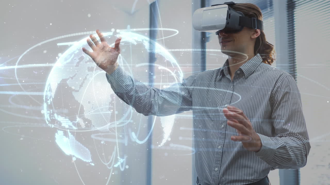 Using virtual reality headset, person interacting with digital globe animation