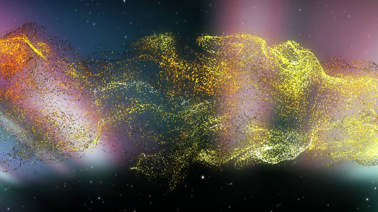 Golden orange particles being animated and swirling into cosmic wave ribbon amid pink nebula glows
