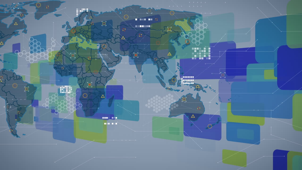 Animation of data processing over world map against colorful square shapes on white background
