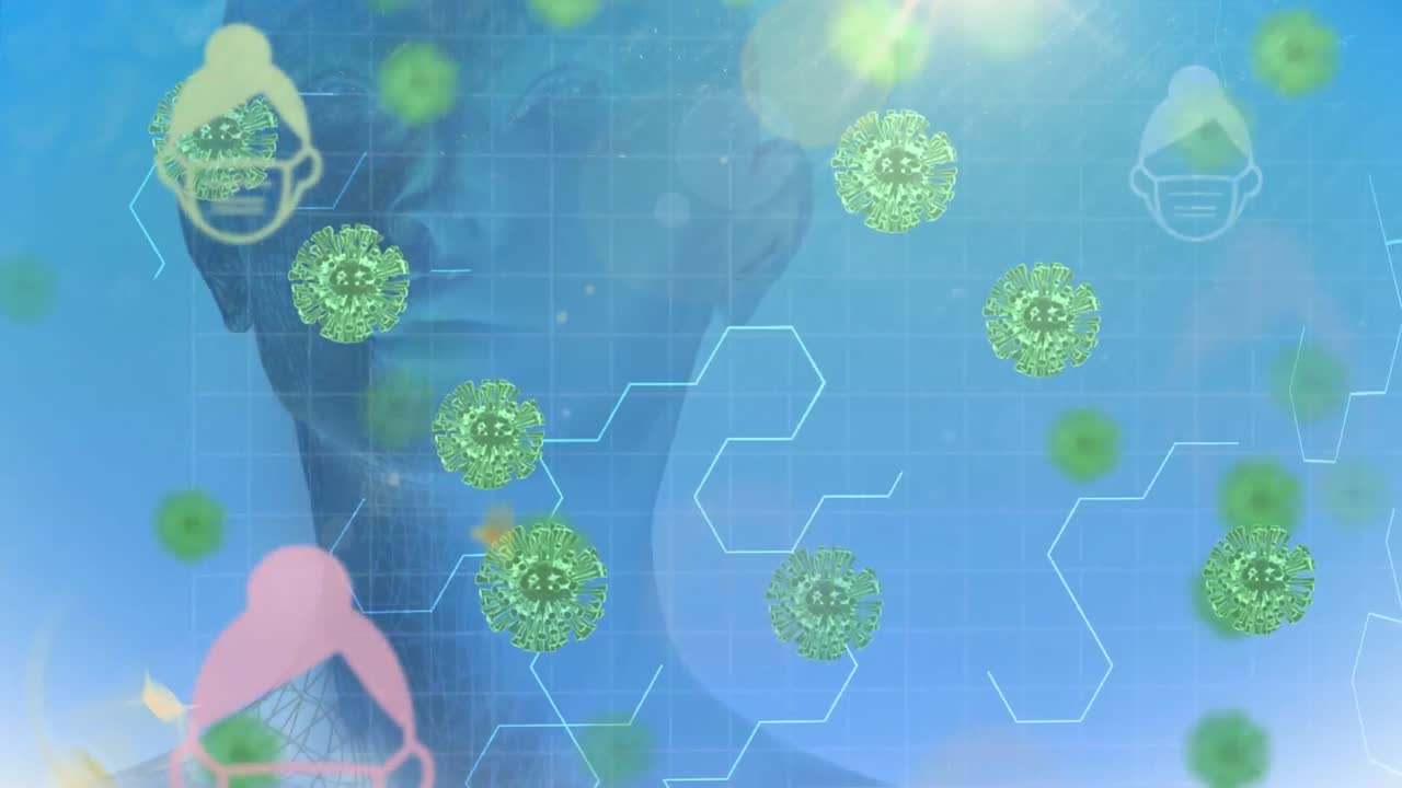 animación de células de covid e iconos sobre el modelo de rostro humano en fondo azul