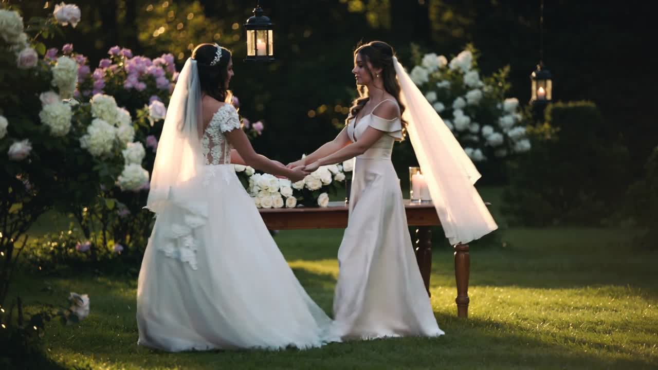 Attendant approaching in blush gown taking bride's hands on lawn, starting ceremony with candles