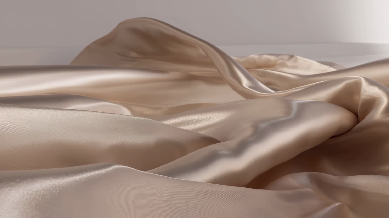 Tessuto in raso beige drappeggiato con pieghe morbide e una lucentezza lussuosa.