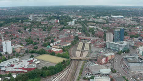 drone shot straight over leicester train station