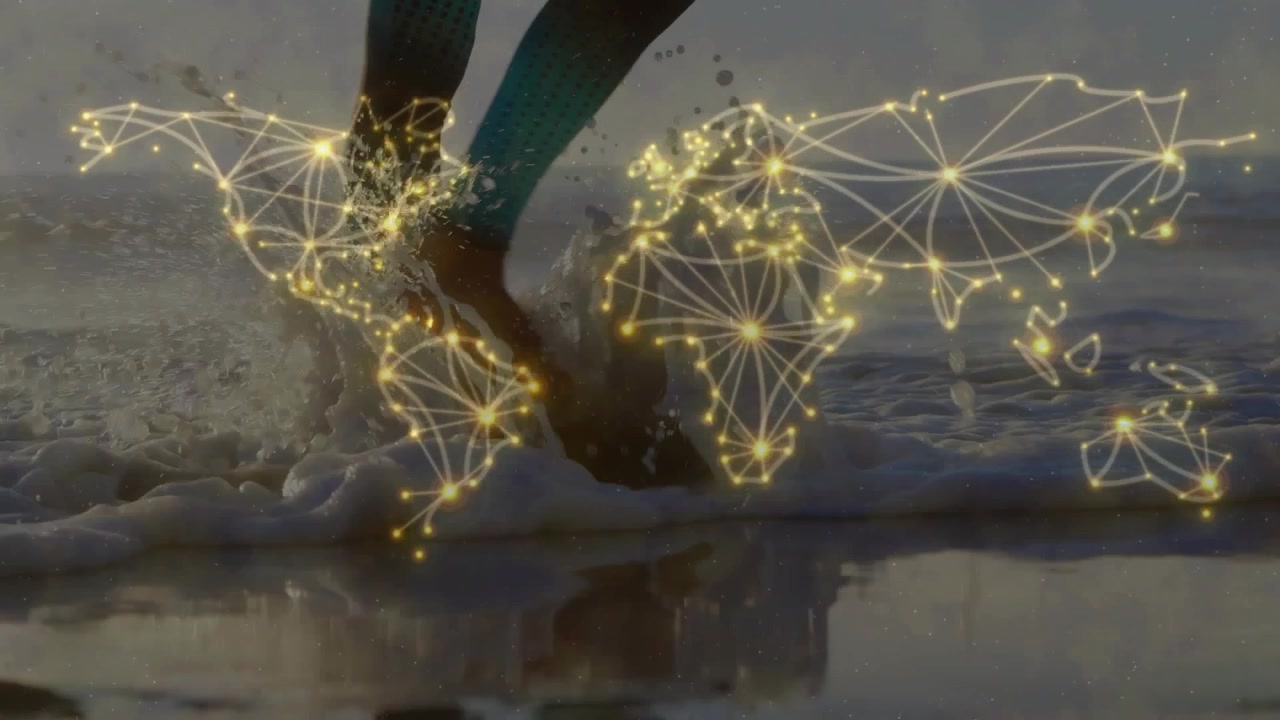 Woman walking on wet shore stepping and causing golden sparks forming tech map showing global links