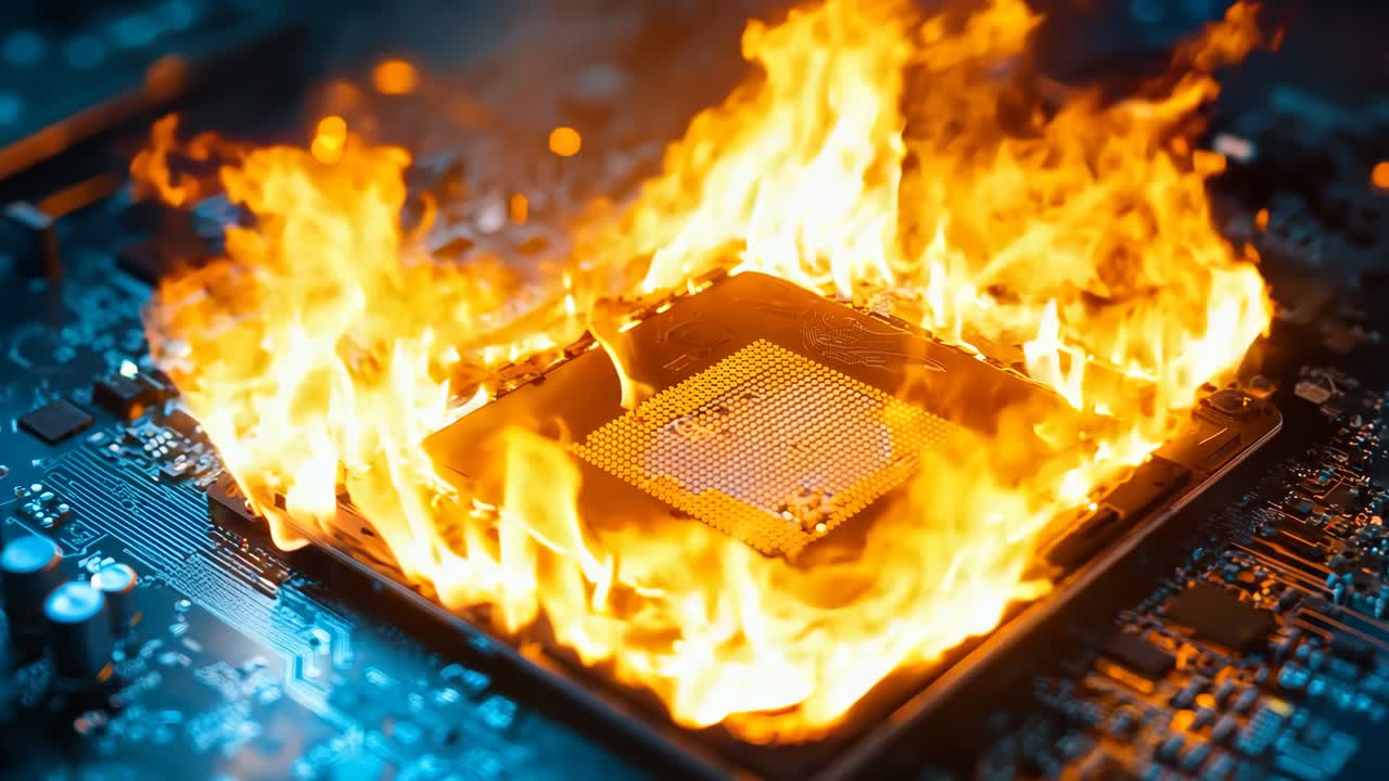 컴퓨터 마더보드가 불타고 cpu가 위에 있습니다.