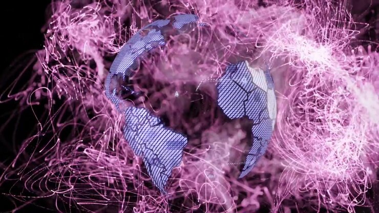 Thin pink threads emerging left to right, blue pieces forming globe, rotating and showing assembly