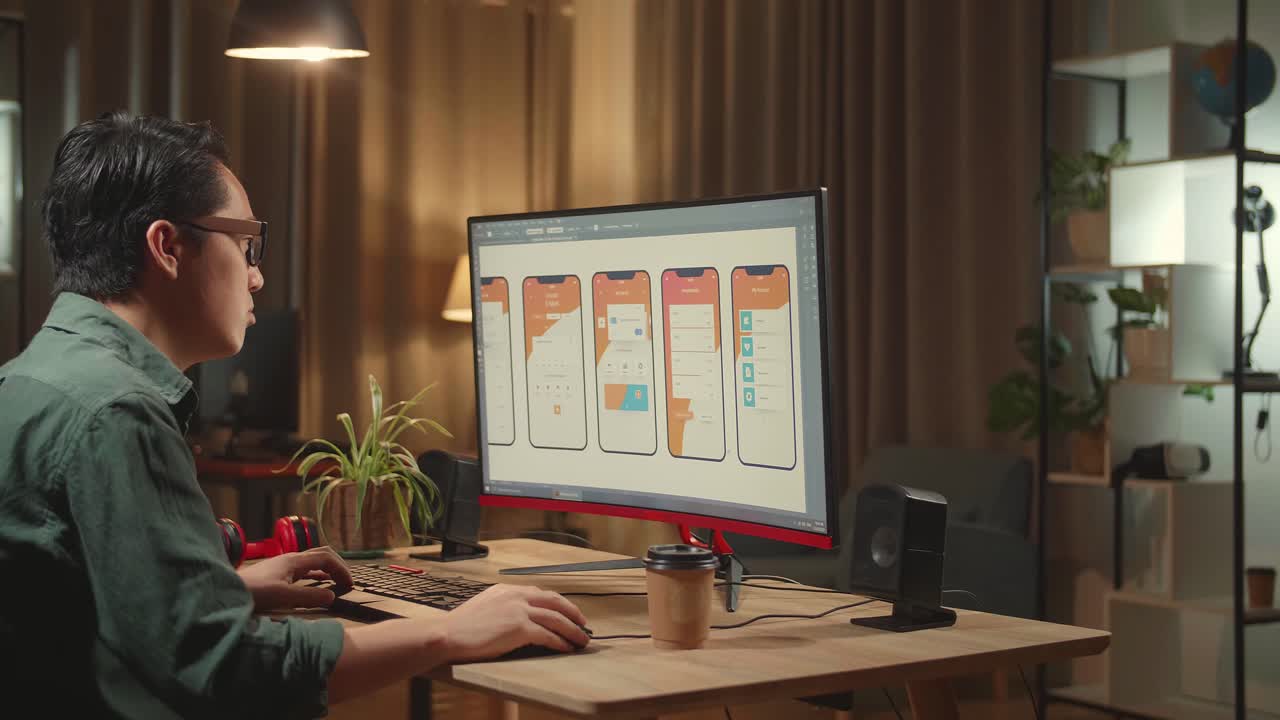 Tired Asian Male Mobile Application Developer Works With Graphics On His Personal Computer. He Works At Night