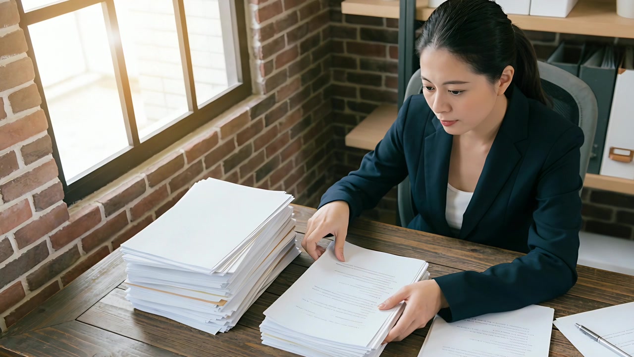Reaching toward pile, worker in navy blazer sorting papers at desk near window, organizing files