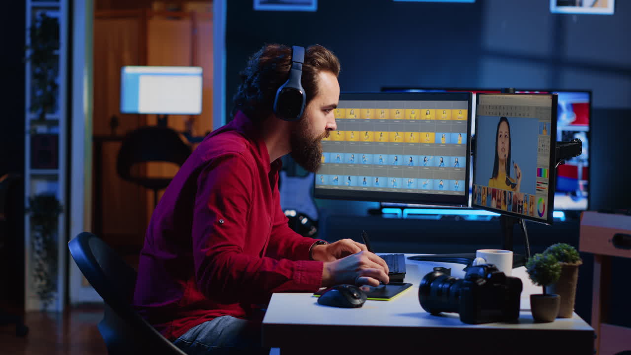 editor de fotos usando tableta gráfica para editar imágenes iluminación y equilibrio de colores