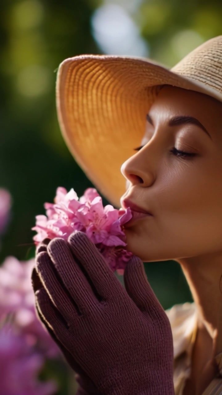 Una donna serena che si gode fiori profumati in un giardino, affascinata dalla bellezza della natura e dai colori circostanti, mentre si abbandona a un momento di pacifica riflessione.