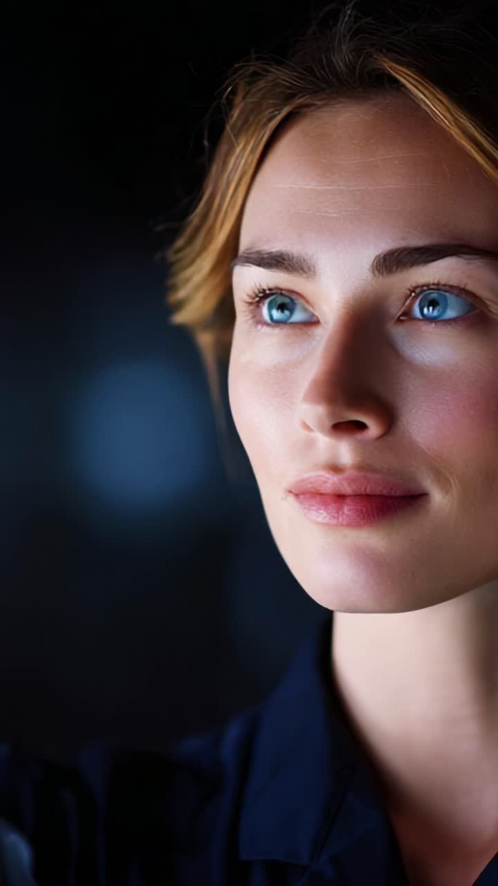 A Thoughtful Woman Engaged in Technology, Captured in a Stunning Portrait that Blends Modern Innovation with Human Reflection, Featuring Striking Blue Eyes and a Seriously Contemplative Expression