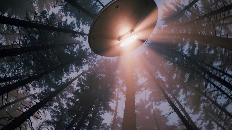 UFO svæver over en tåget skov om natten