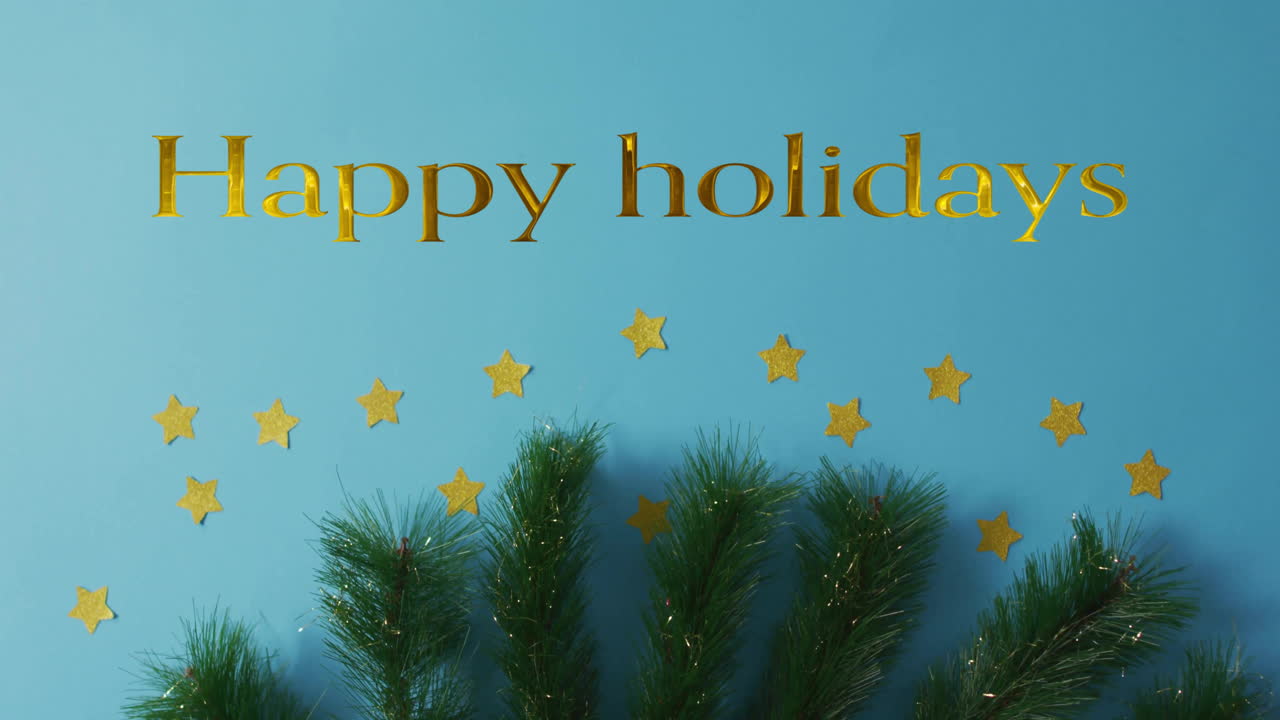 Happy holidays text animation over golden stars and green pine branches
