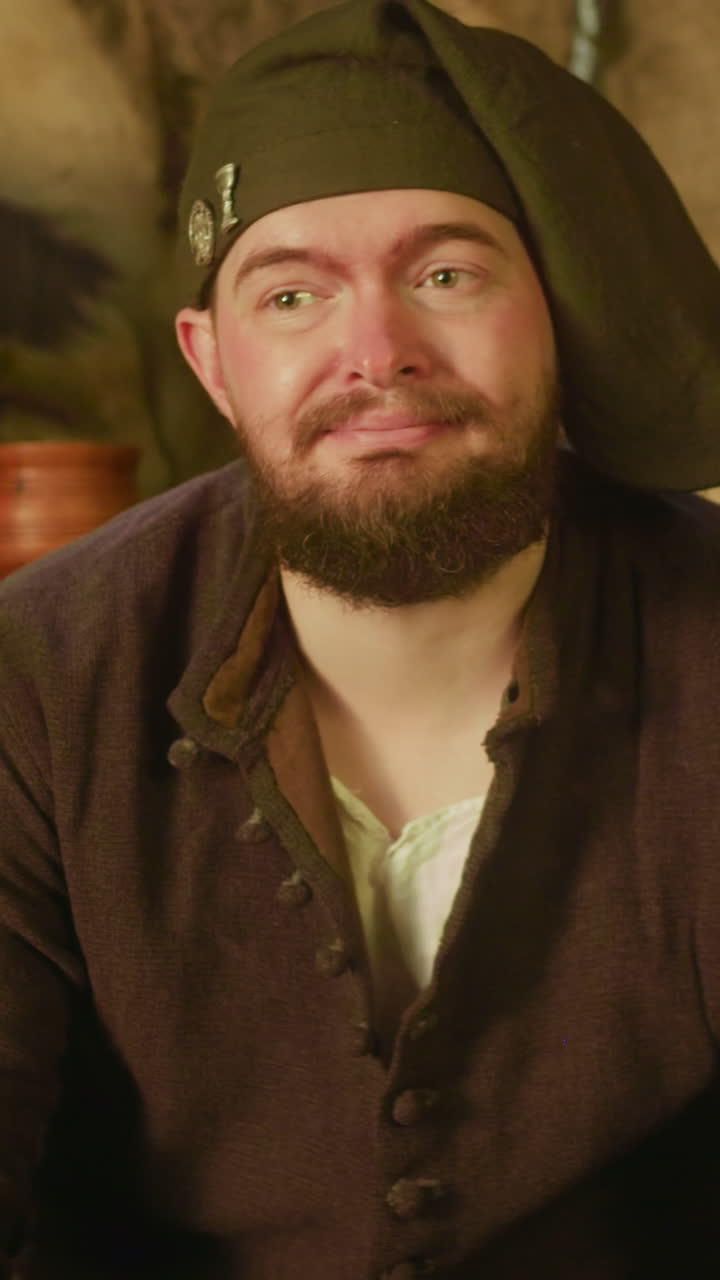 el barman feliz mira a su alrededor en la taberna. el empleado de la posada enano sonriente limpia el mostrador controlando a los huéspedes en la tienda medieval. club de reconstrucción histórica
