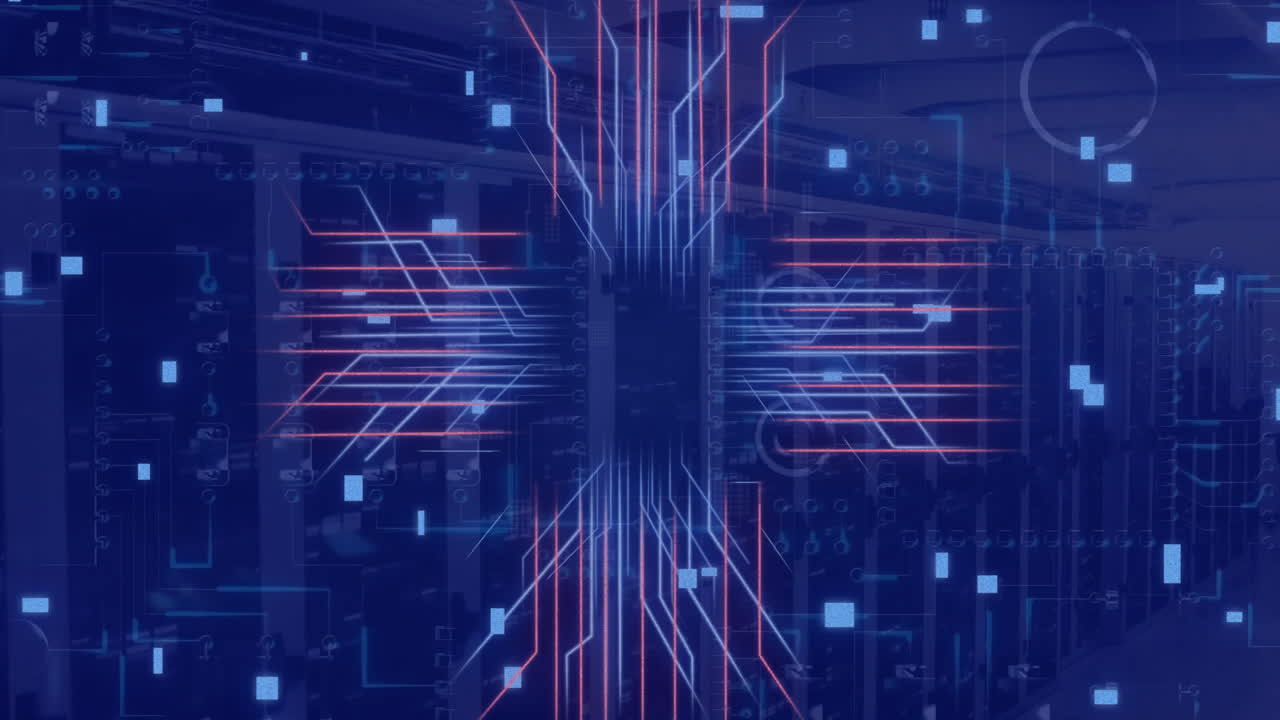 Animation of circuit board and data processing over computer servers